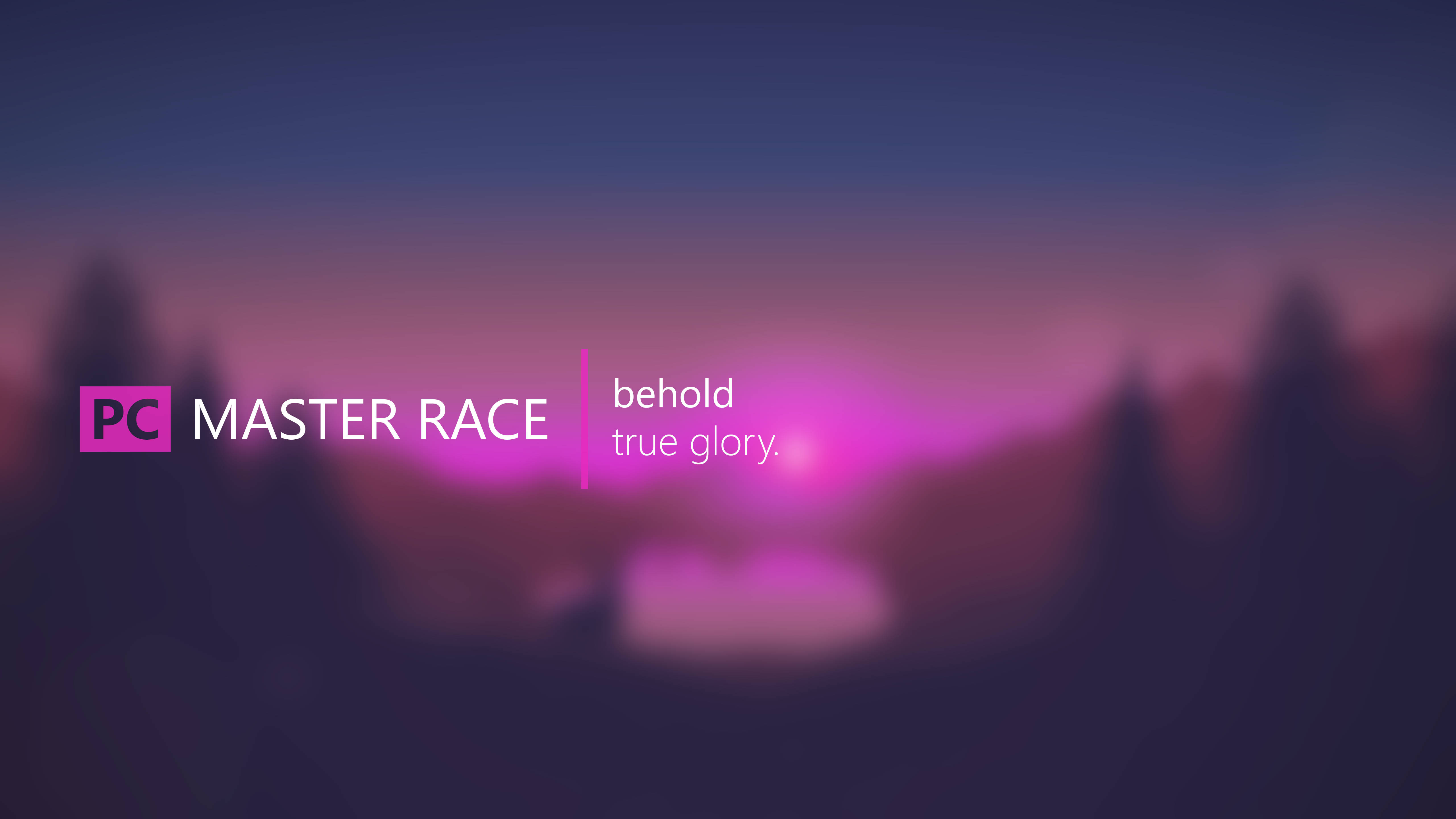 meme 桌布 壁紙 — 模糊的紫色和粉紅色日落背景，帶有發光文字 PC MASTER RACE behold true glory。