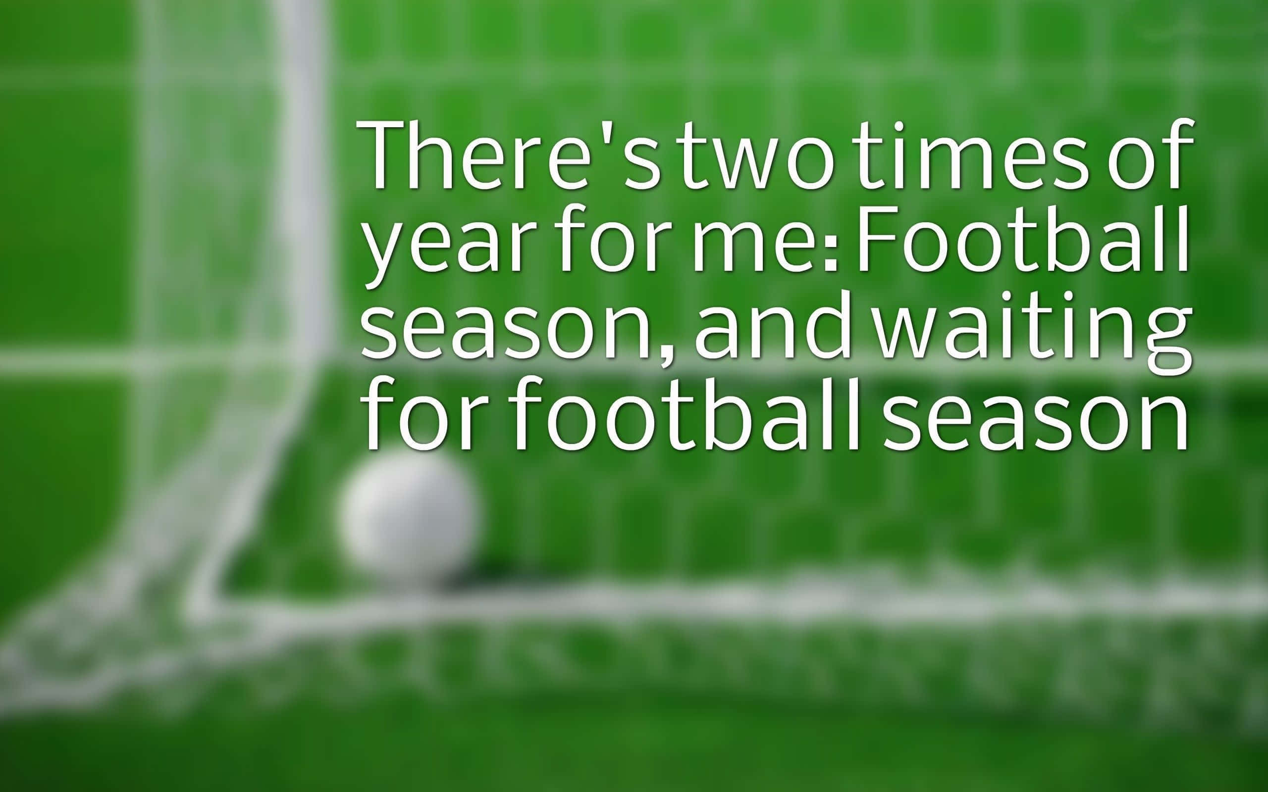 HD Football 桌布 壁紙 — 模糊的足球球門網，底部有一個白色足球，上面覆蓋著關於足球賽季的白色文字。