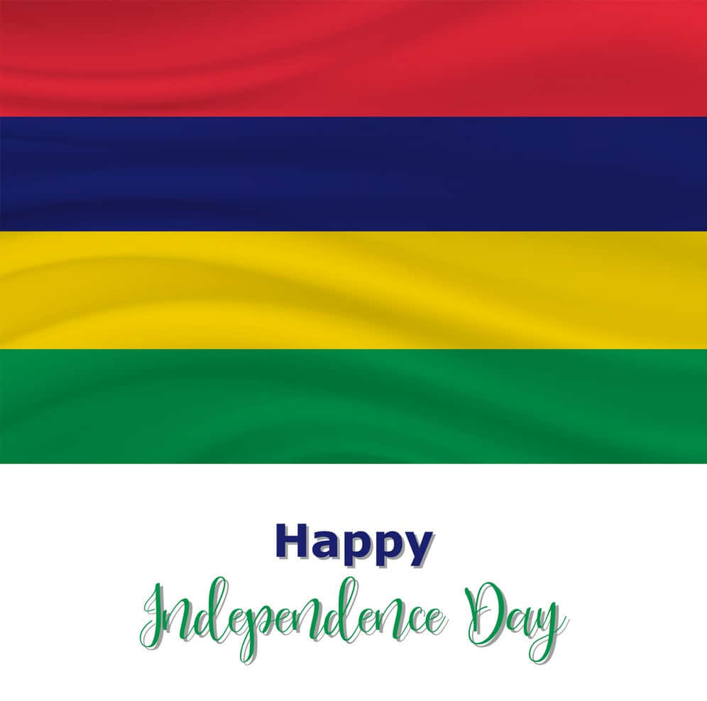 Independence 桌布 壁紙 — 模里西斯國旗在白色背景上自豪地飄揚，帶有紅、藍、黃、綠條紋及慶祝文字。