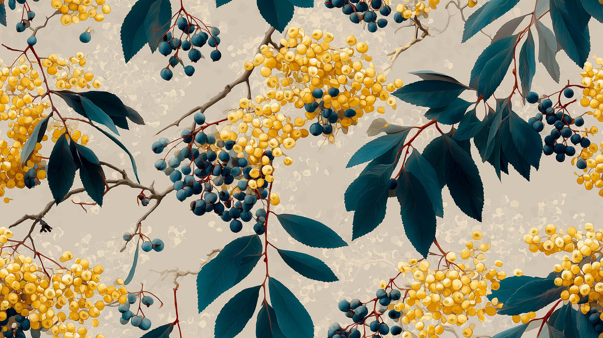 Seamless Floral Pattern with Clusters of Berries and Foliage 壁紙 — 樹枝上帶有黃色漿果和深藍色漿果的簇，以及深綠色葉子，襯托在有紋理的米色背景上。