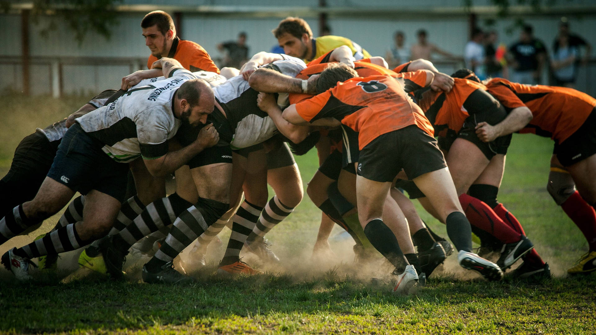 Nrl 桌布 壁紙 — 橄欖球球員身穿橙色和白色球衣，在草地上進行強力的爭球，揚起灰塵。
