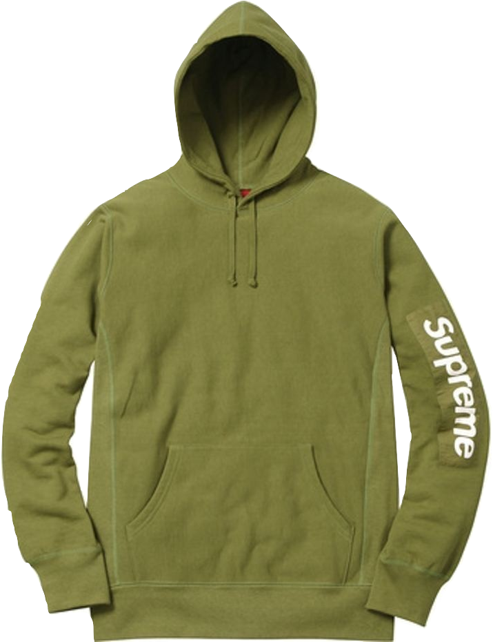 supreme 桌布 壁紙 — 橄欖綠色Supreme連帽上衣，袖子上有白色標誌，黑色背景。