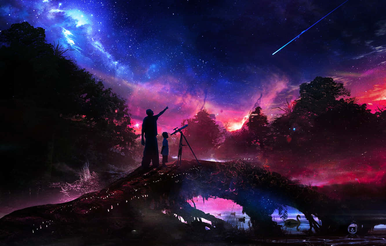 astronomy 桌布 壁紙 — 橋上一個成人和一個小孩的剪影，凝視著充滿紫色、粉紅色和藍色星雲以及流星劃過的充滿活力的宇宙天空。