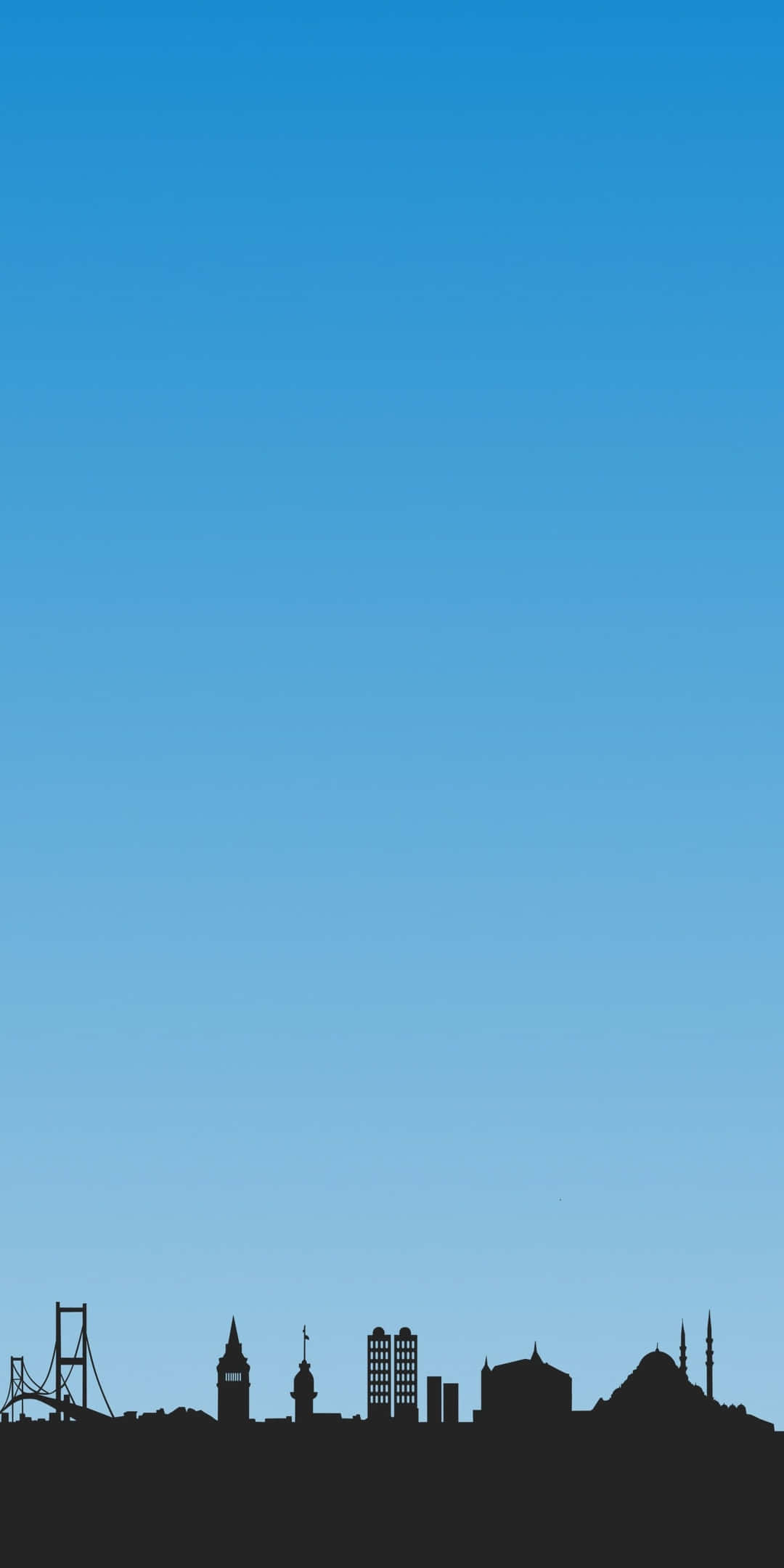 Pixel 3 Minimal 桌布 壁紙 — 橋樑和清真寺的城市天際線剪影，背景為漸變藍色天空。