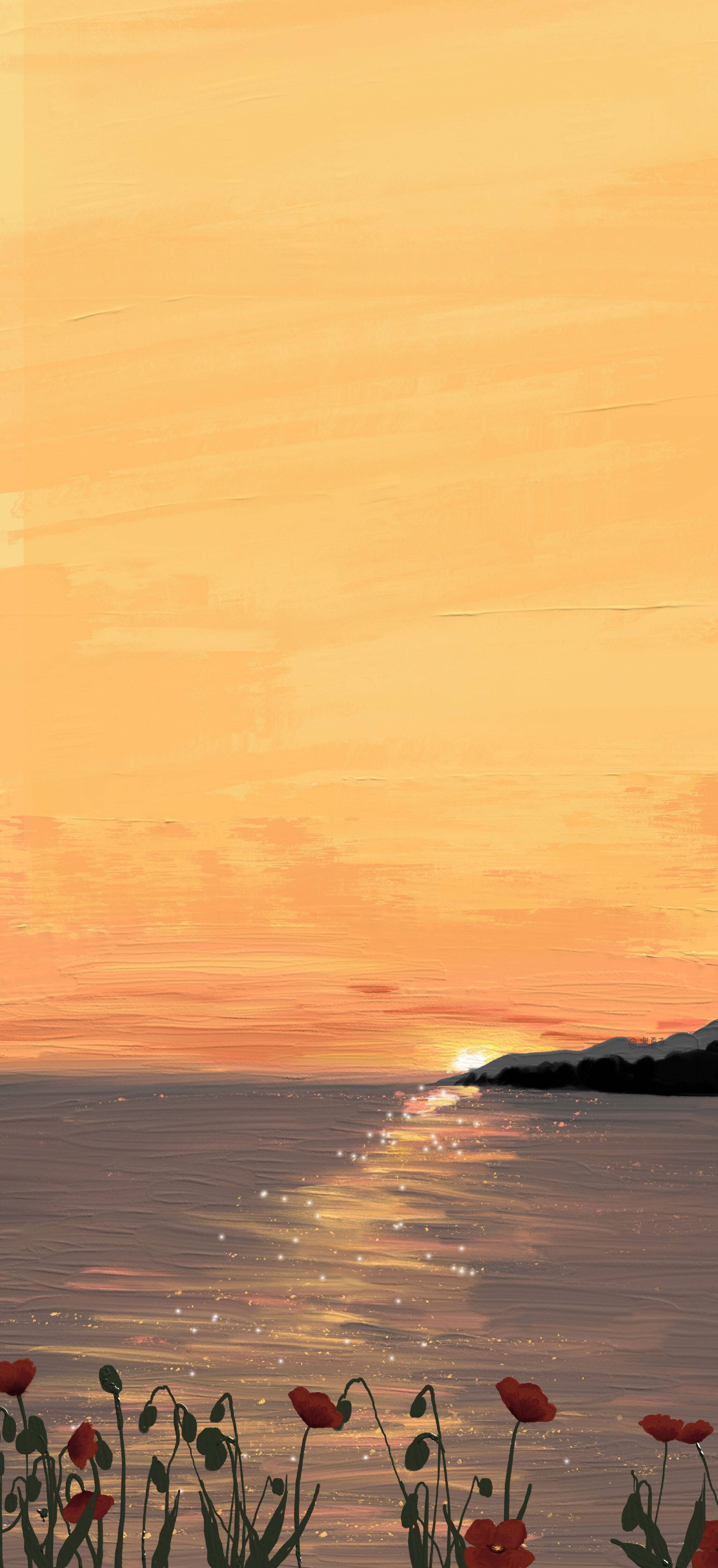 橘色花卉與夕陽畫作 壁紙