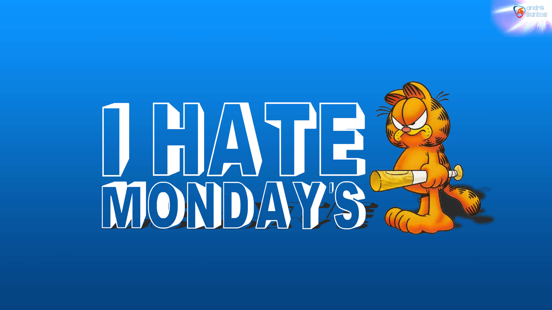 Monday 桌布 壁紙 — 橘色貓加菲貓憤怒地拿著棒球棍，旁邊有粗體文字「I HATE MONDAY'S」，背景為藍色漸層。