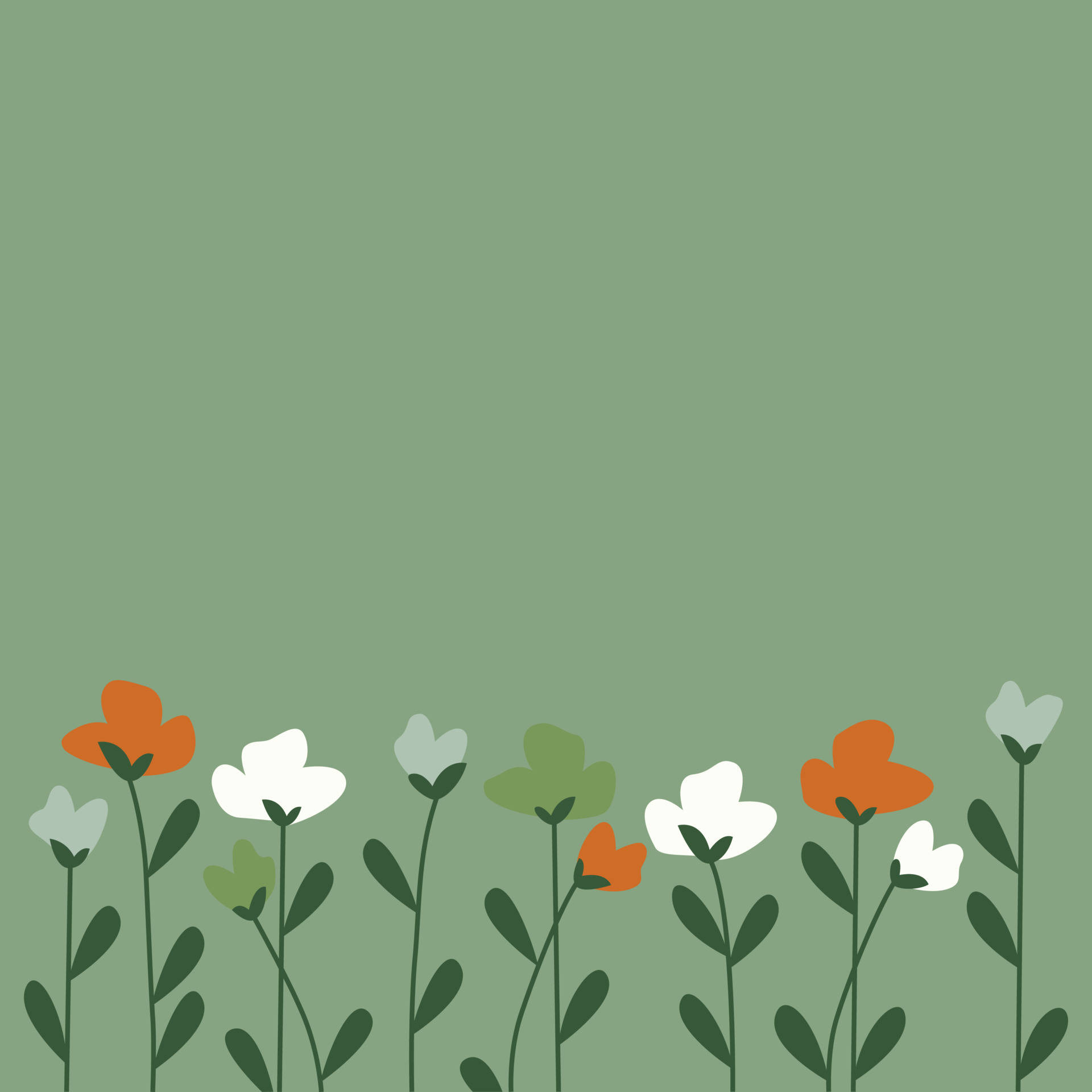 Minimalist Flower Computer 桌布 壁紙 — 橙色、白色和綠色的風格化花朵在純鼠尾草綠色背景的底部盛開。