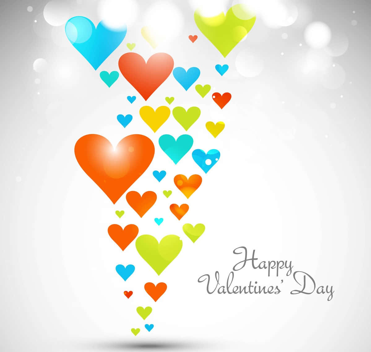 Happy Valentines Day 桌布 壁紙 — 橙色、藍色和綠色調的彩色愛心如瀑布般向下流動，背景是柔和的散景效果，並帶有「Happy Valentine's Day」文字。