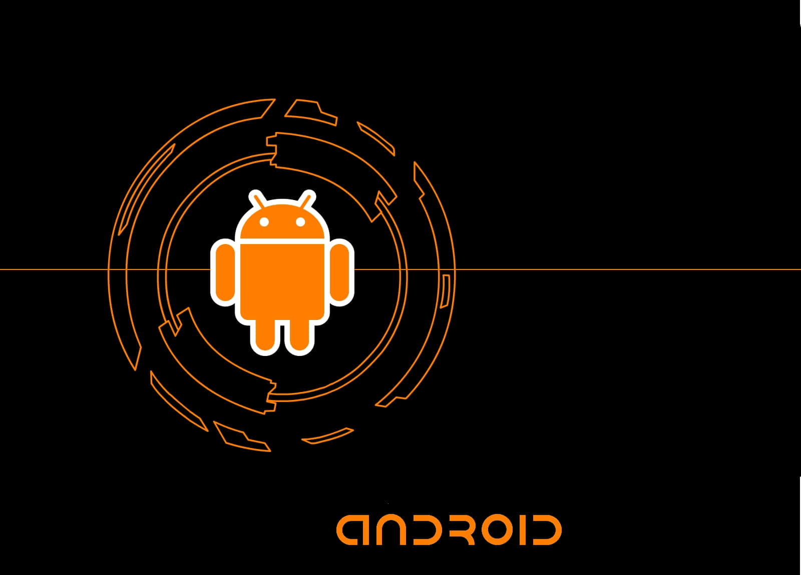 Android Computer 桌布 壁紙 — 橙色Android機器人圖示置於黑色背景上發光的圓形線條中央，下方有'ANDROID'文字。