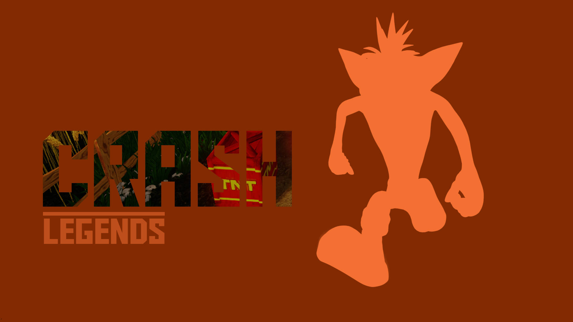 Bandicoot 桌布 壁紙 — 橙色Crash Bandicoot剪影在『Crash Legends』標誌旁邊奔跑，字母內有叢林紋理，背景為純棕色。