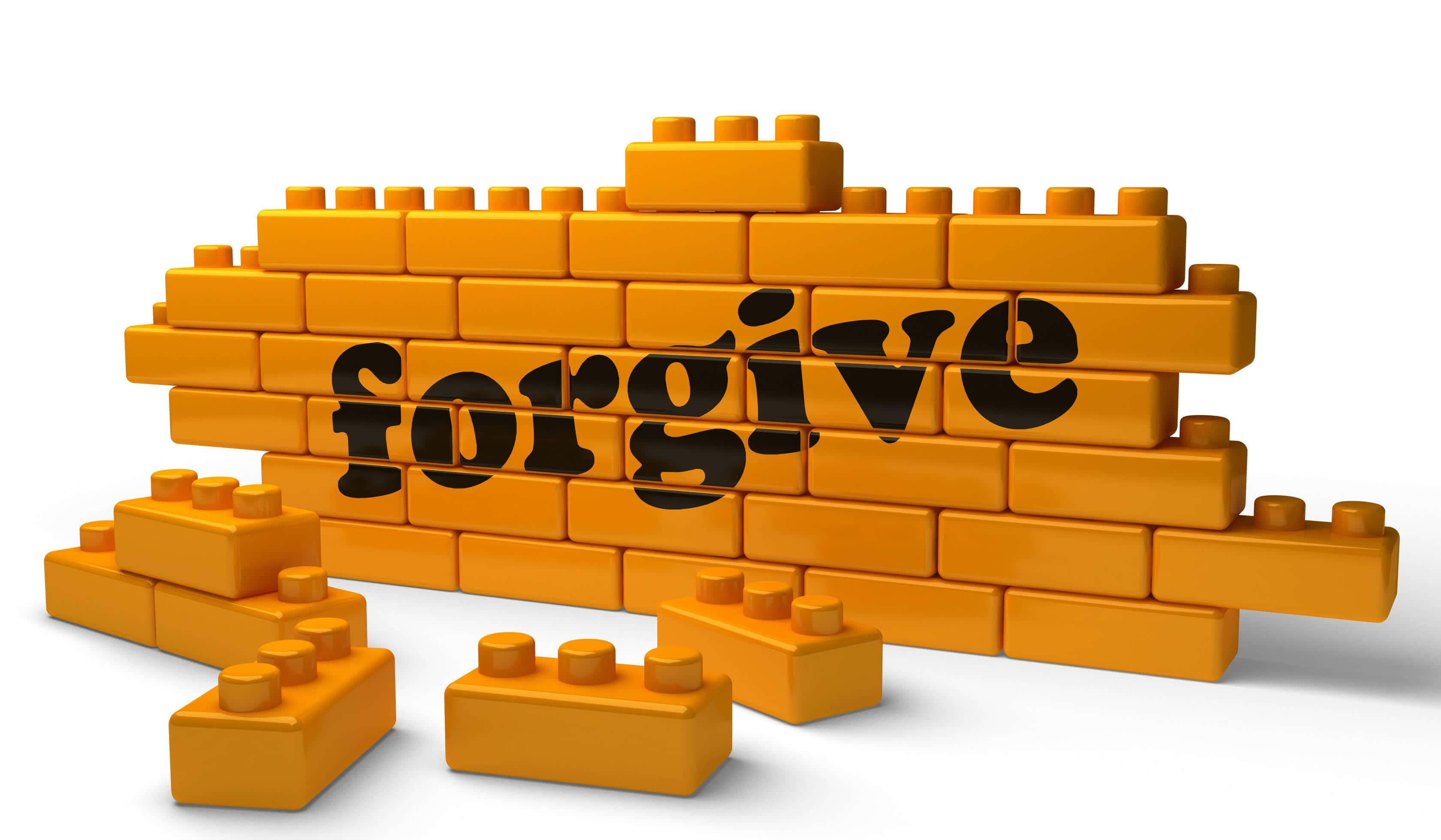 forgive 桌布 壁紙 — 橙色LEGO積木形成一道破牆，中間用粗體黑色字母寫著forgive。