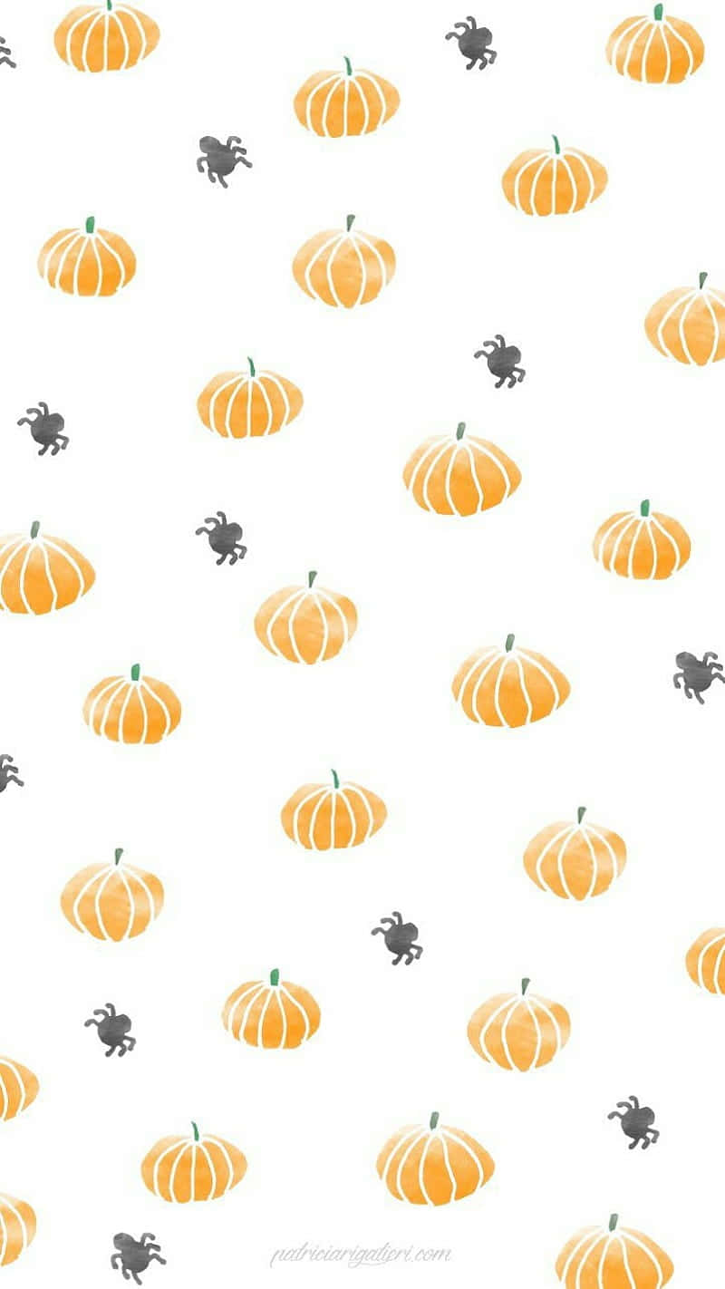 iPhone Cute Halloween 桌布 壁紙 — 橙色南瓜和黑色蜘蛛散落在乾淨的白色背景上，形成一個有趣的萬聖節圖案。