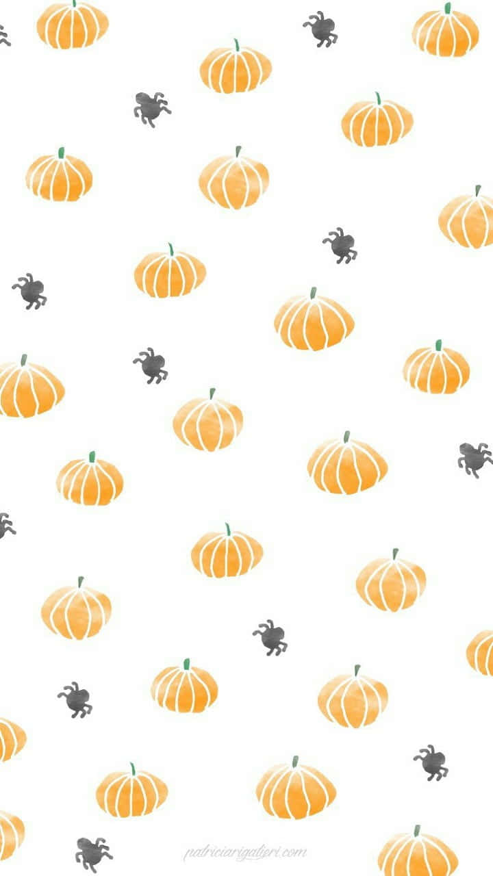 Cute Pumpkin iPhone 桌布 壁紙 — 橙色南瓜和黑色蜘蛛散落在潔白背景上，形成一個有趣的萬聖節圖案。