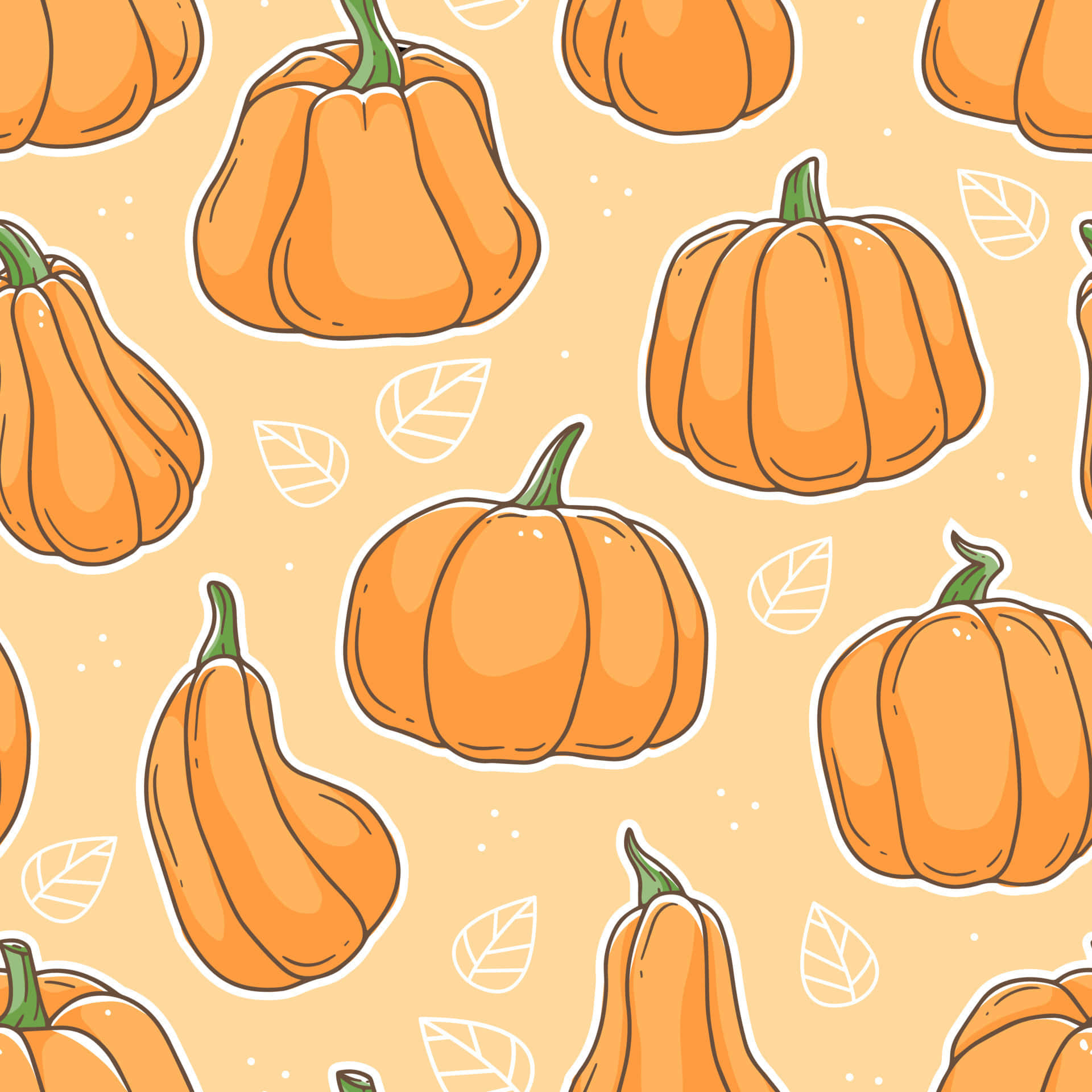 Cute Orange 桌布 壁紙 — 橙色南瓜搭配綠色莖和白色葉子輪廓在溫暖的米色背景上以俏皮的圖案重複。