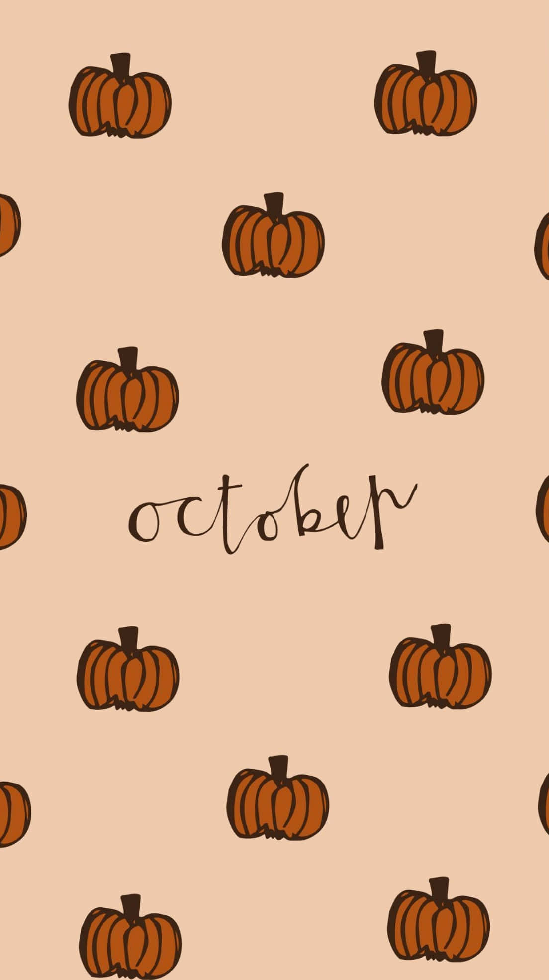 October Aesthetic 桌布 壁紙 — 橙色南瓜配深色莖在柔和的桃色背景上重複，並帶有草書體單詞october。