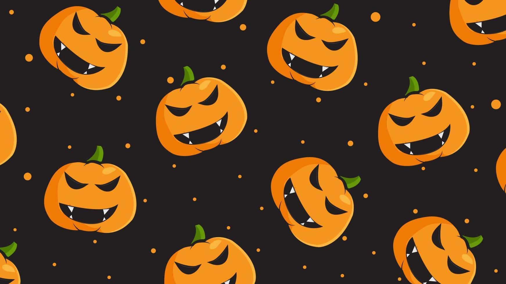 Orange Halloween 桌布 壁紙 — 橙色卡通傑克南瓜燈，有尖銳牙齒和綠色莖，漂浮在點綴著發光球體的黑暗背景上。