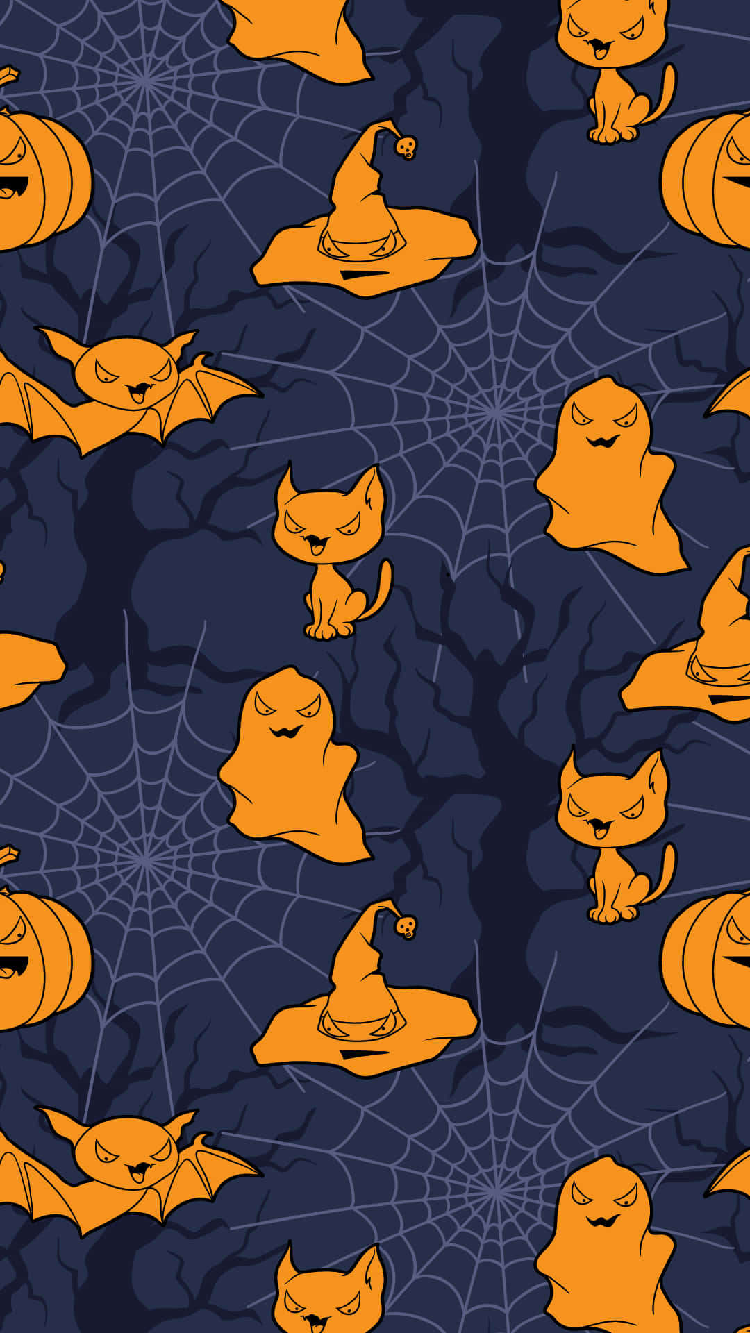 iPhone Cute Halloween 桌布 壁紙 — 橙色卡通蝙蝠、鬼魂、南瓜和巫師帽漂浮在深藍色蜘蛛網圖案背景上。