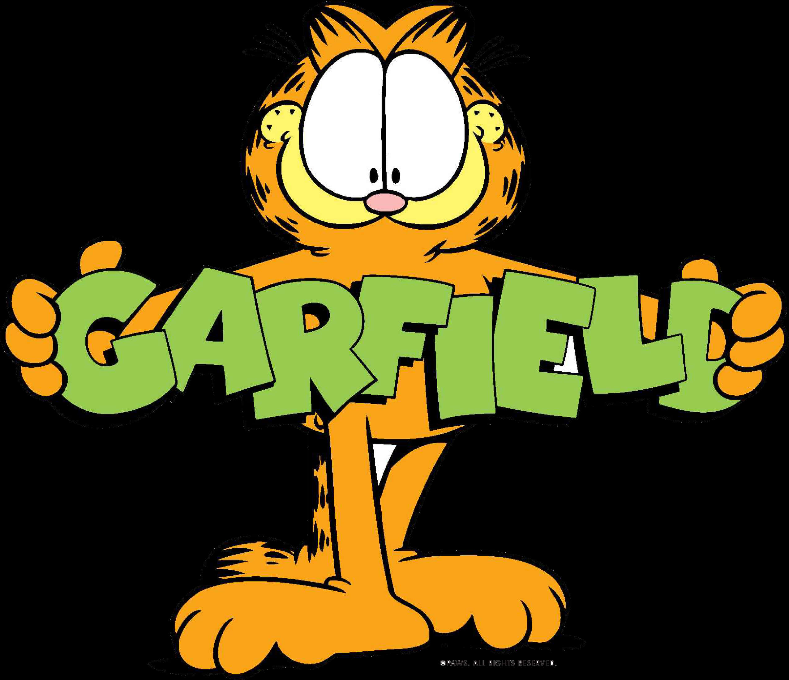 Garfield 桌布 壁紙 — 橙色卡通貓加菲貓在黑色背景上，用大大的白色眼睛拿著綠色的「GARFIELD」字母。