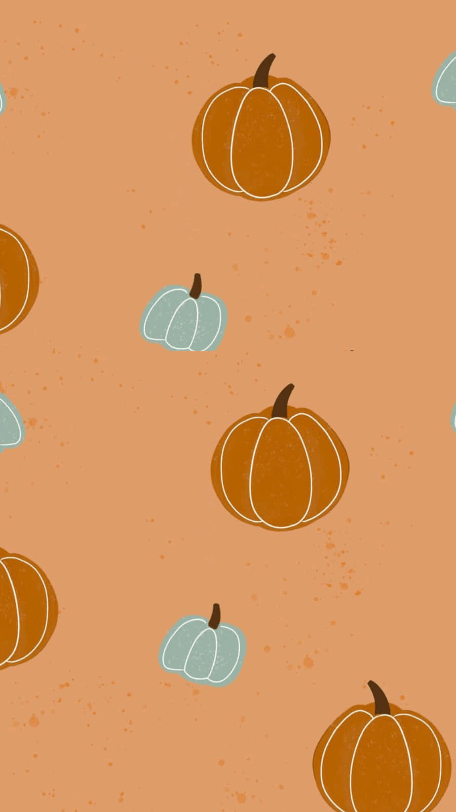Autumn Pumpkin iPhone 桌布 壁紙 — 橙色和藍綠色的南瓜漂浮在斑點赤陶背景上，形成俏皮的重複圖案。