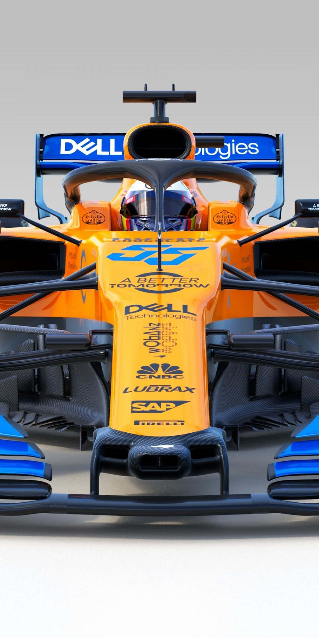 Pixel 3 F1 2019 桌布 壁紙 — 橙色和藍色一級方程式賽車的正面視圖，駕駛員頭盔在純灰色背景上清晰可見。