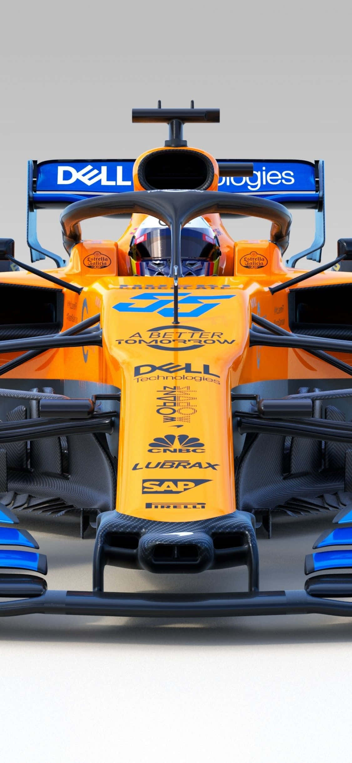 F1 2016 桌布 壁紙 — 橙色和藍色一級方程式賽車的特寫，帶有可見的贊助商標誌和戴頭盔的車手。