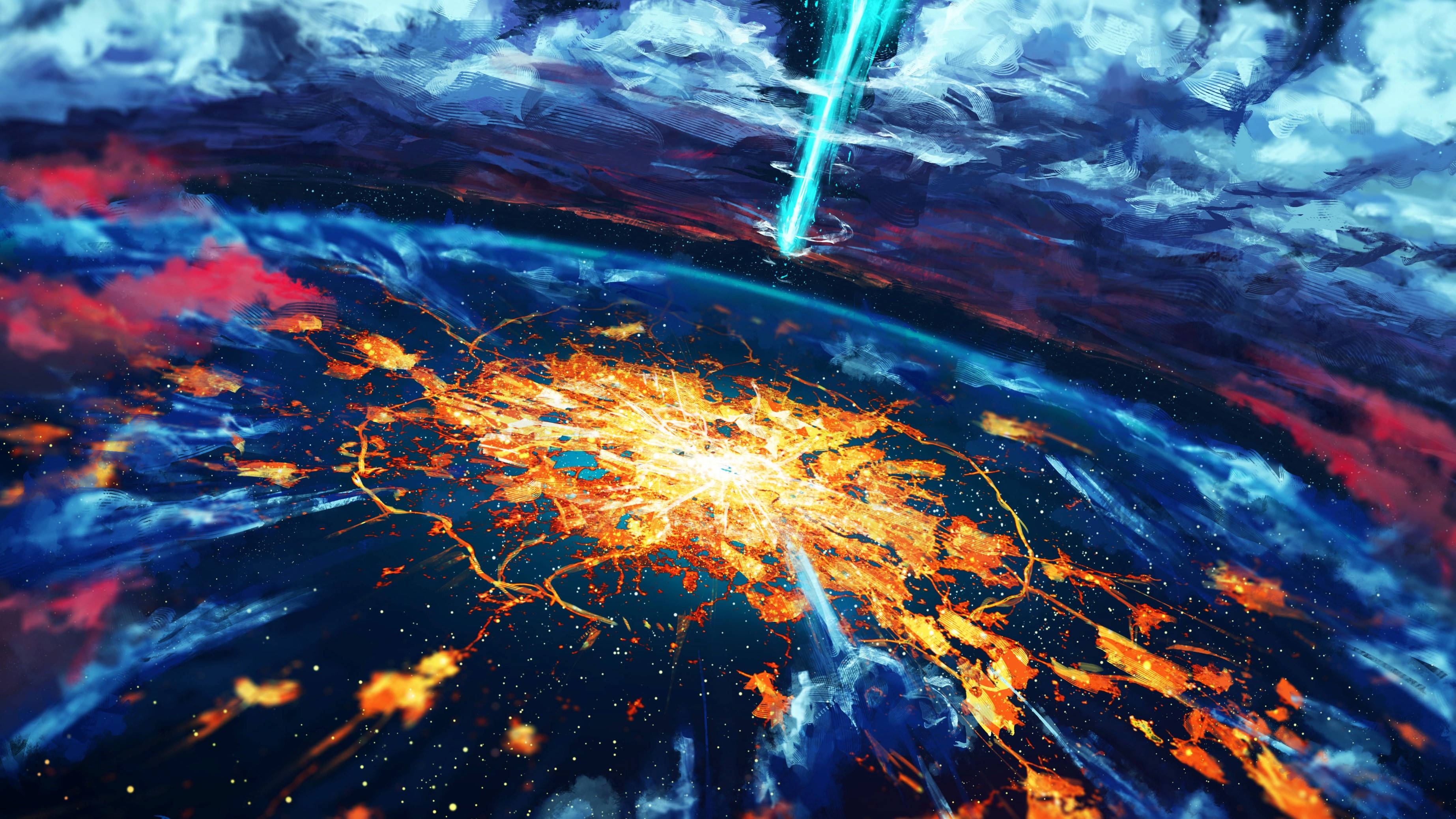宇宙 桌布 壁紙 — 橙色和藍色能量的宇宙爆炸在黑暗的星空、旋轉的雲層和發光的條紋中爆發。