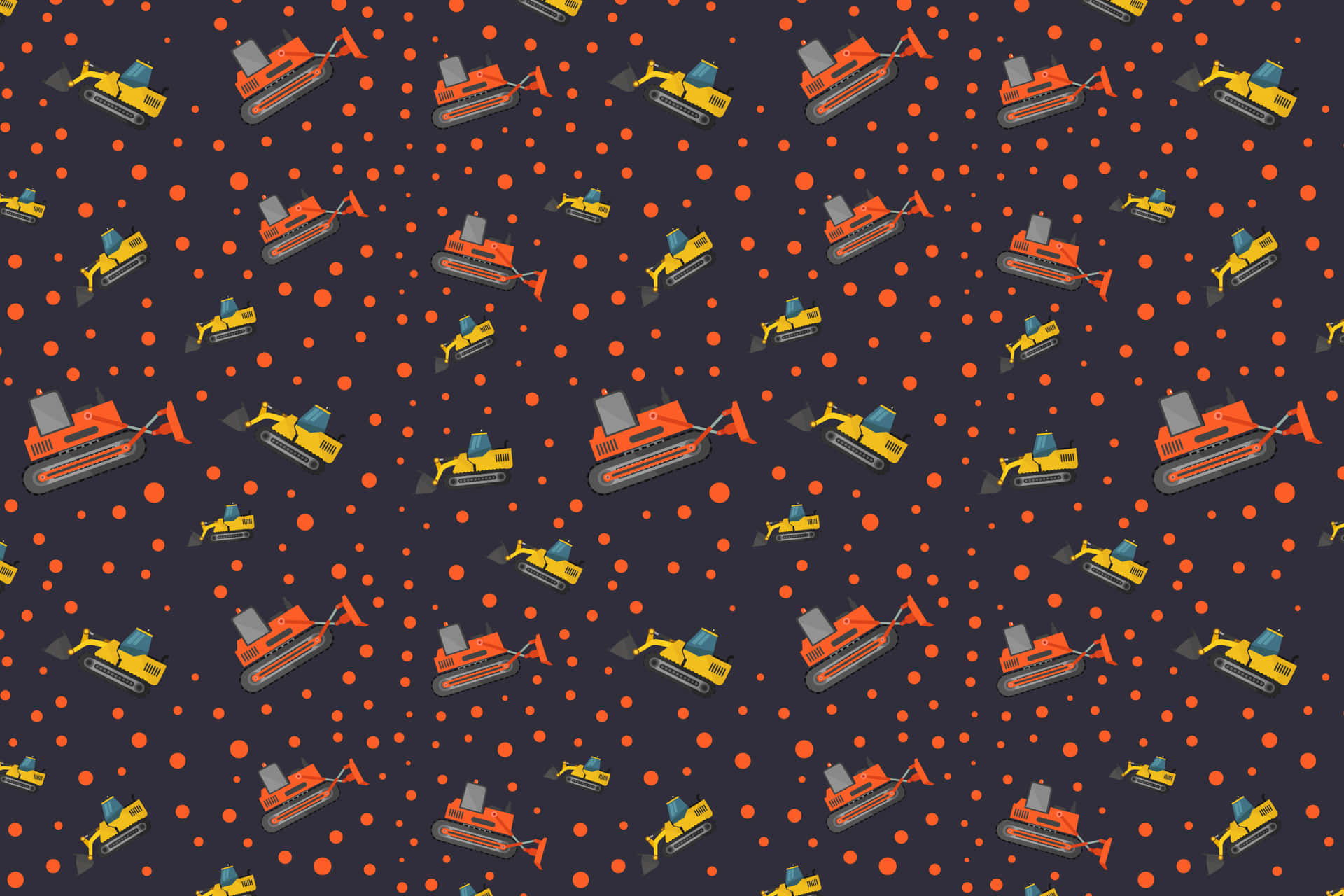 Excavator Patterns 壁紙 — 橙色和黃色推土機的重複圖案，以深海軍藍為背景，點綴著橙色圓圈。