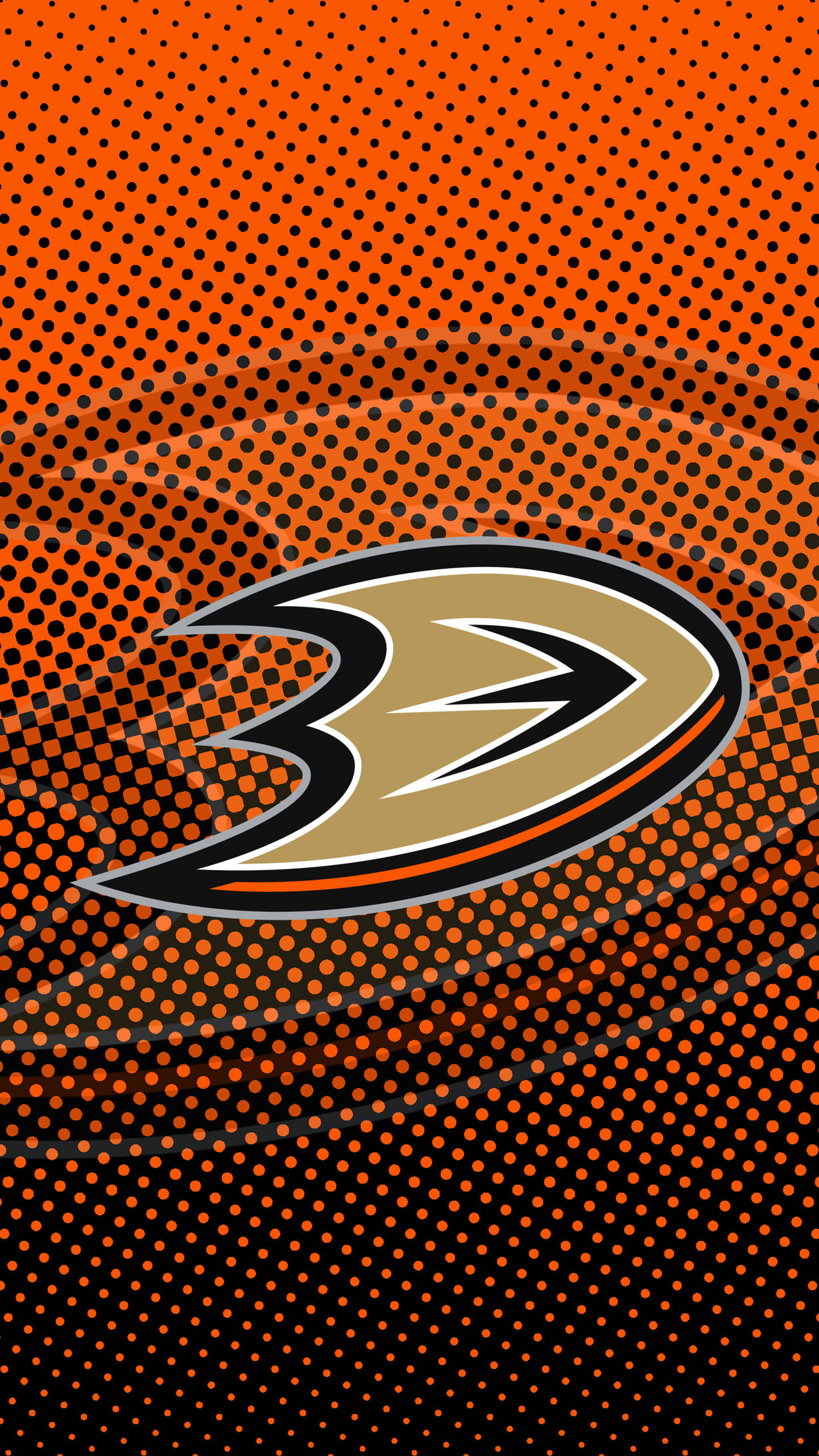 ducks 桌布 壁紙 — 橙色和黑色半色調圖案壁紙，Anaheim Ducks 標誌突出地置於中央。