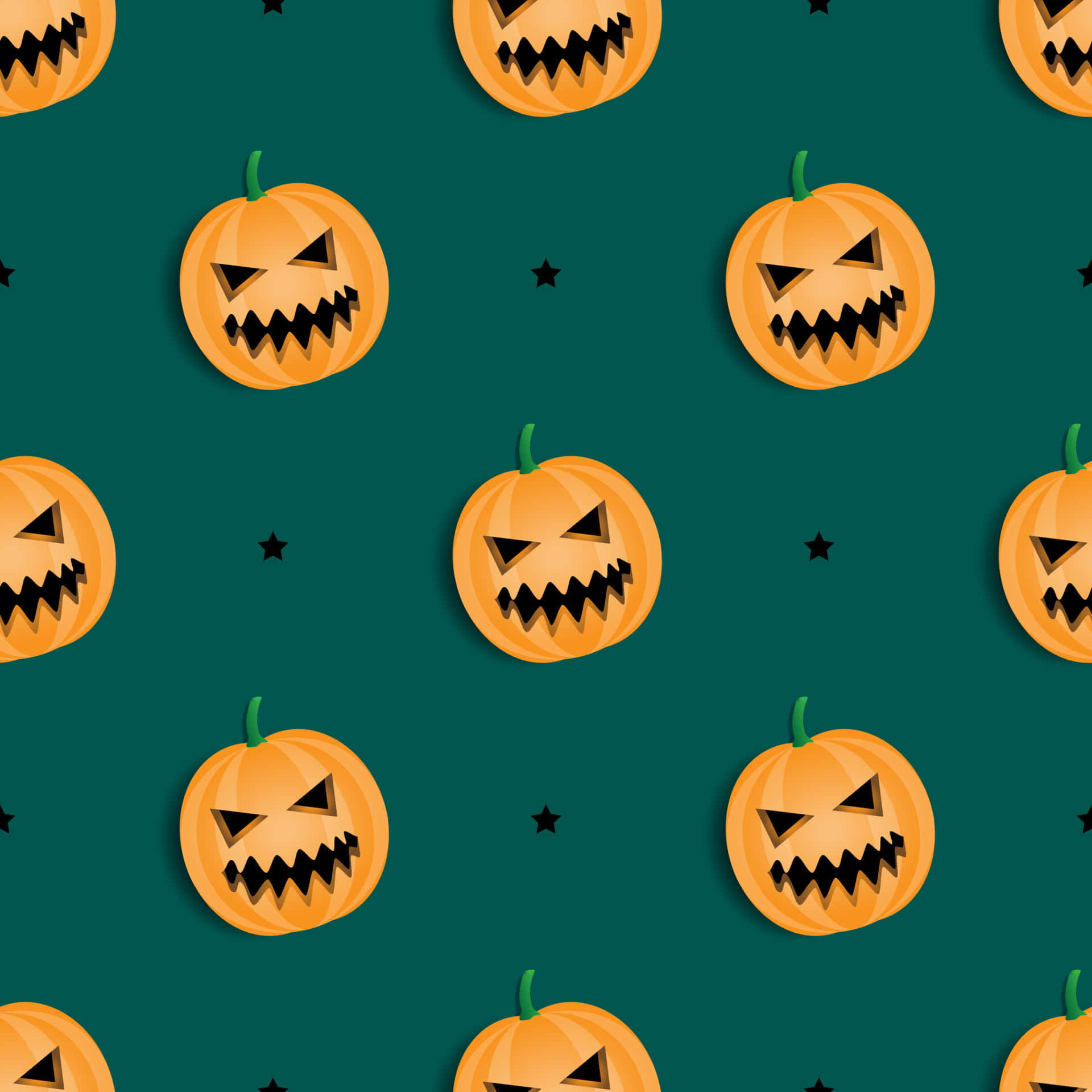 Orange Halloween 桌布 壁紙 — 橙色帶鋸齒牙齒和綠色莖的傑克南瓜燈在深藍綠色背景上重複，並散佈著黑色星星。
