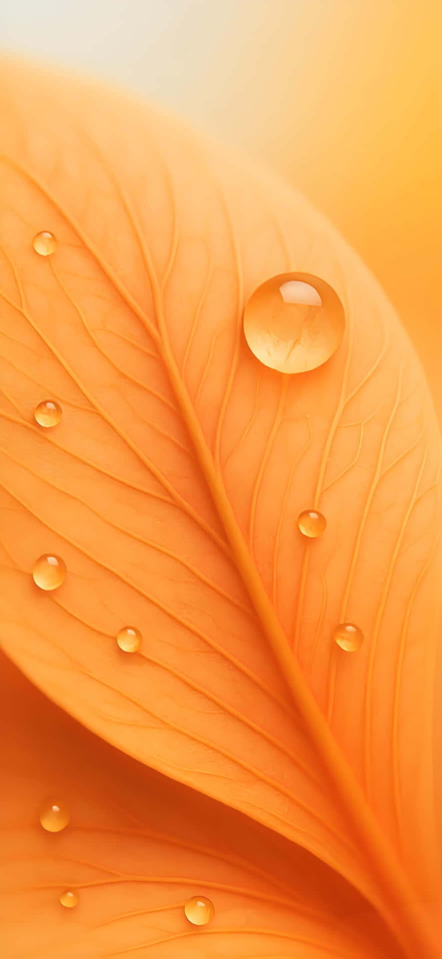 Minimalist Orange Leaf Texture Wallpaper 壁紙 — 橙色樹葉的特寫，葉脈上帶有閃爍的水珠，背景為柔和漸變色。