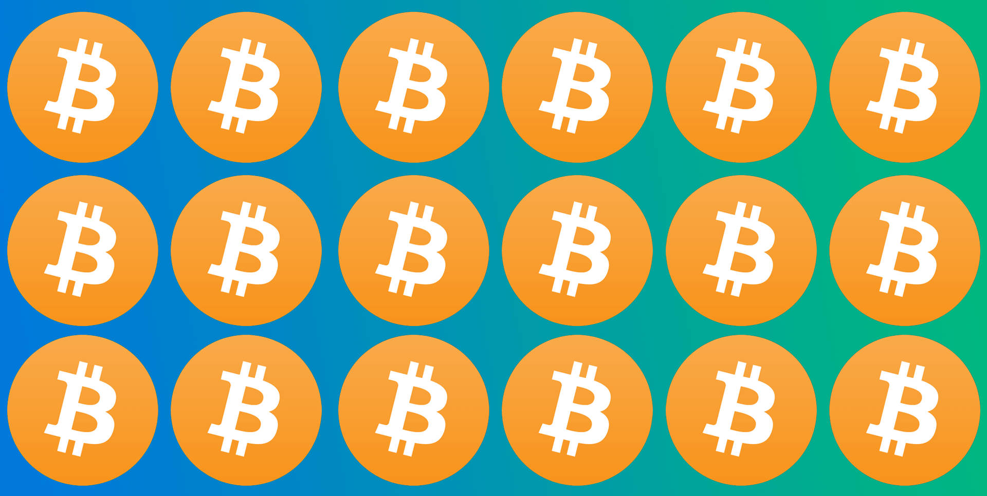 Cryptocurrency 桌布 壁紙 — 橙色比特幣符號網格，背景為藍色到藍綠色漸變。