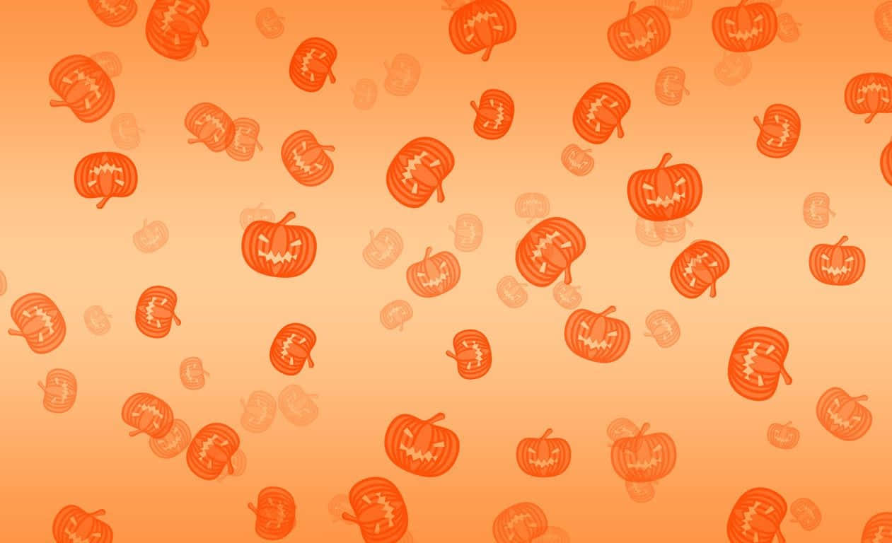 Orange Halloween 桌布 壁紙 — 橙色漸層背景，散落著各種大小和表情的卡通南瓜燈。