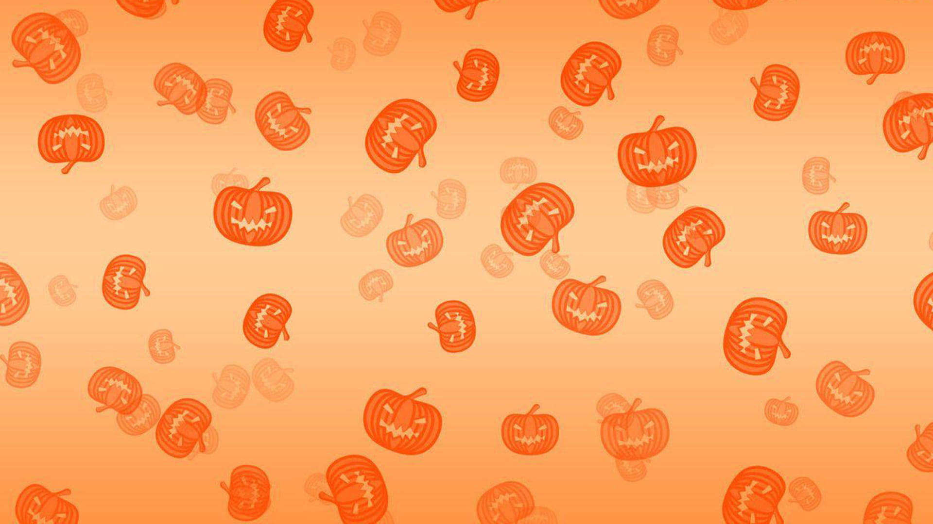 Cute Halloween Desktop 桌布 壁紙 — 橙色漸變背景，充滿了散落的卡通南瓜燈，大小和表情各異。