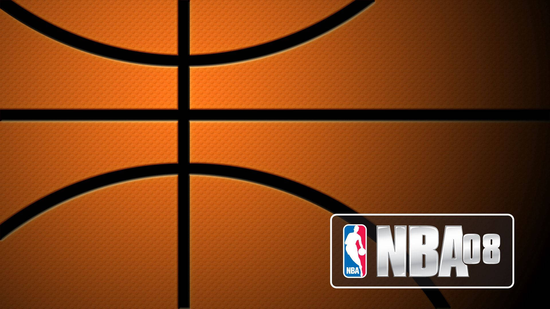 NBA 桌布 壁紙 — 橙色籃球特寫，帶有黑色線條和右下角的NBA 08標誌。
