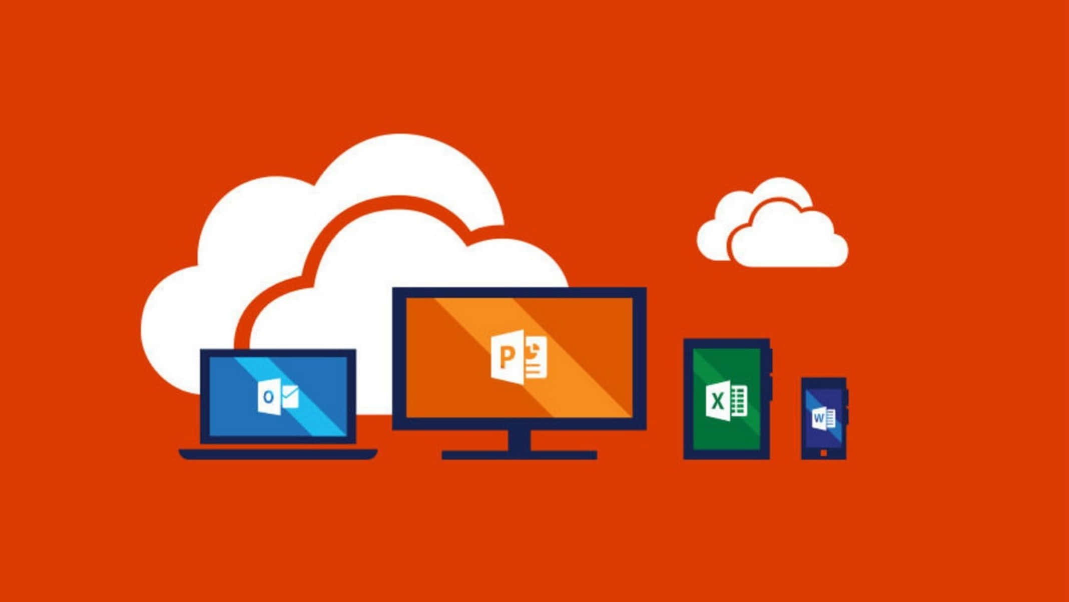 Office 365 桌布 壁紙 — 橙色背景上顯示筆記型電腦、顯示器、平板電腦和手機上Microsoft Office應用程式的雲端運算平面向量插圖。