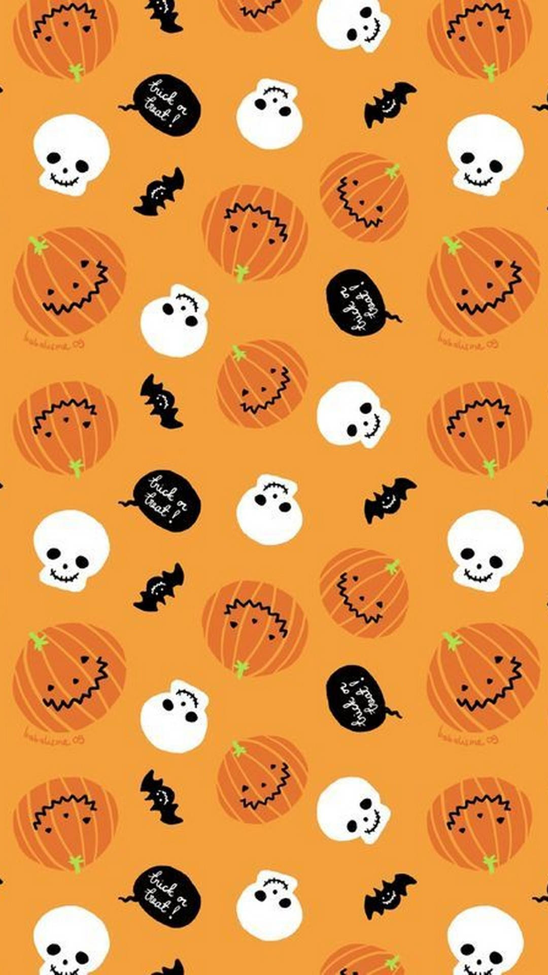 Pumpkin 桌布 壁紙 — 橙色背景充滿重複的可愛南瓜燈、骷髏頭、鬼魂和蝙蝠，以萬聖節為主題。