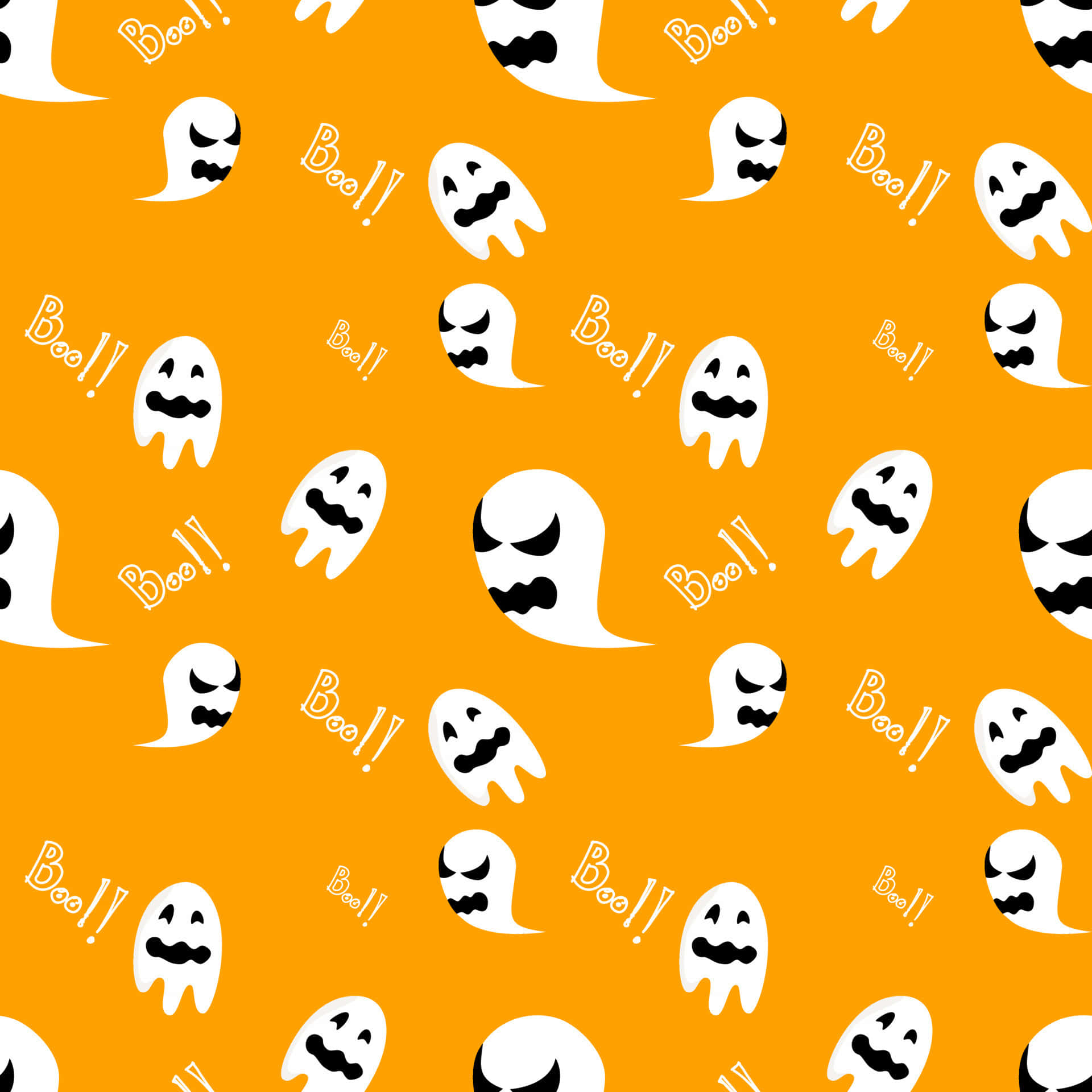 Cute Ghost 桌布 壁紙 — 橙色背景充滿重複的白色卡通鬼魂，帶有各種恐怖表情和「Boo!」文字。