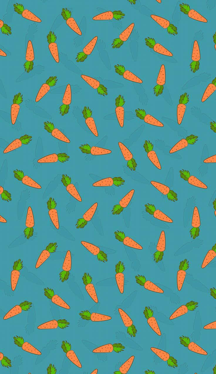 Carrot 桌布 壁紙 — 橙色胡蘿蔔配綠色葉子散落在青綠色背景上，形成俏皮的重複圖案。