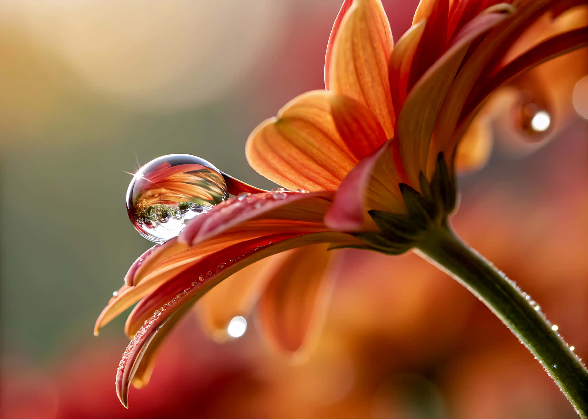 Beautiful orange lily blossom closeup shows vibrant floral beauty in the summer garden 壁紙 — 橙色花瓣的特寫，帶有閃爍的水滴，反射周圍的綠意和光線。