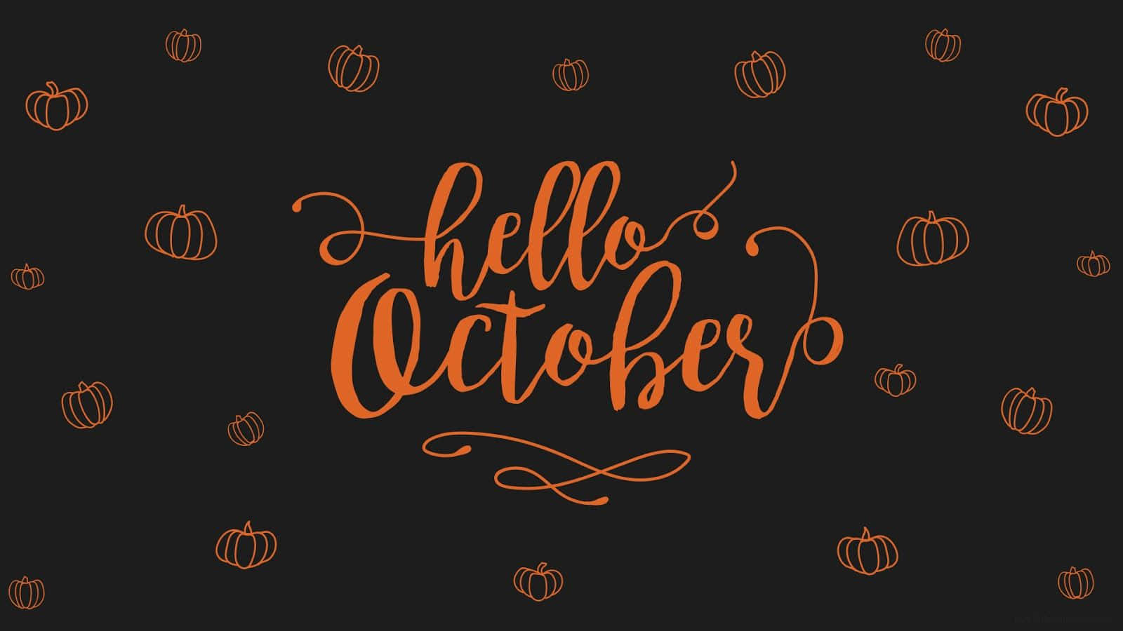 October Aesthetic 桌布 壁紙 — 橙色草書的哈囉十月文字，周圍環繞著南瓜輪廓，背景為深色。