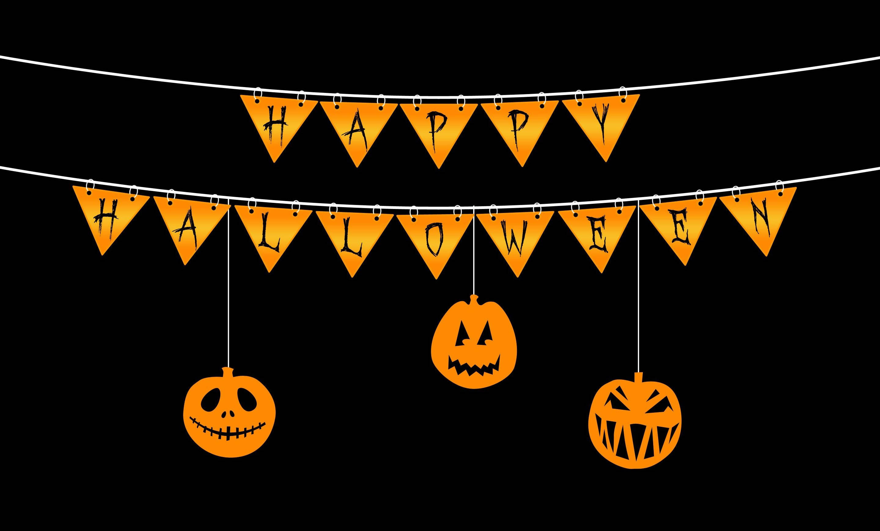 Happy Halloween 桌布 壁紙 — 橙色萬聖節橫幅，掛著傑克南瓜燈，襯托在純黑背景上。