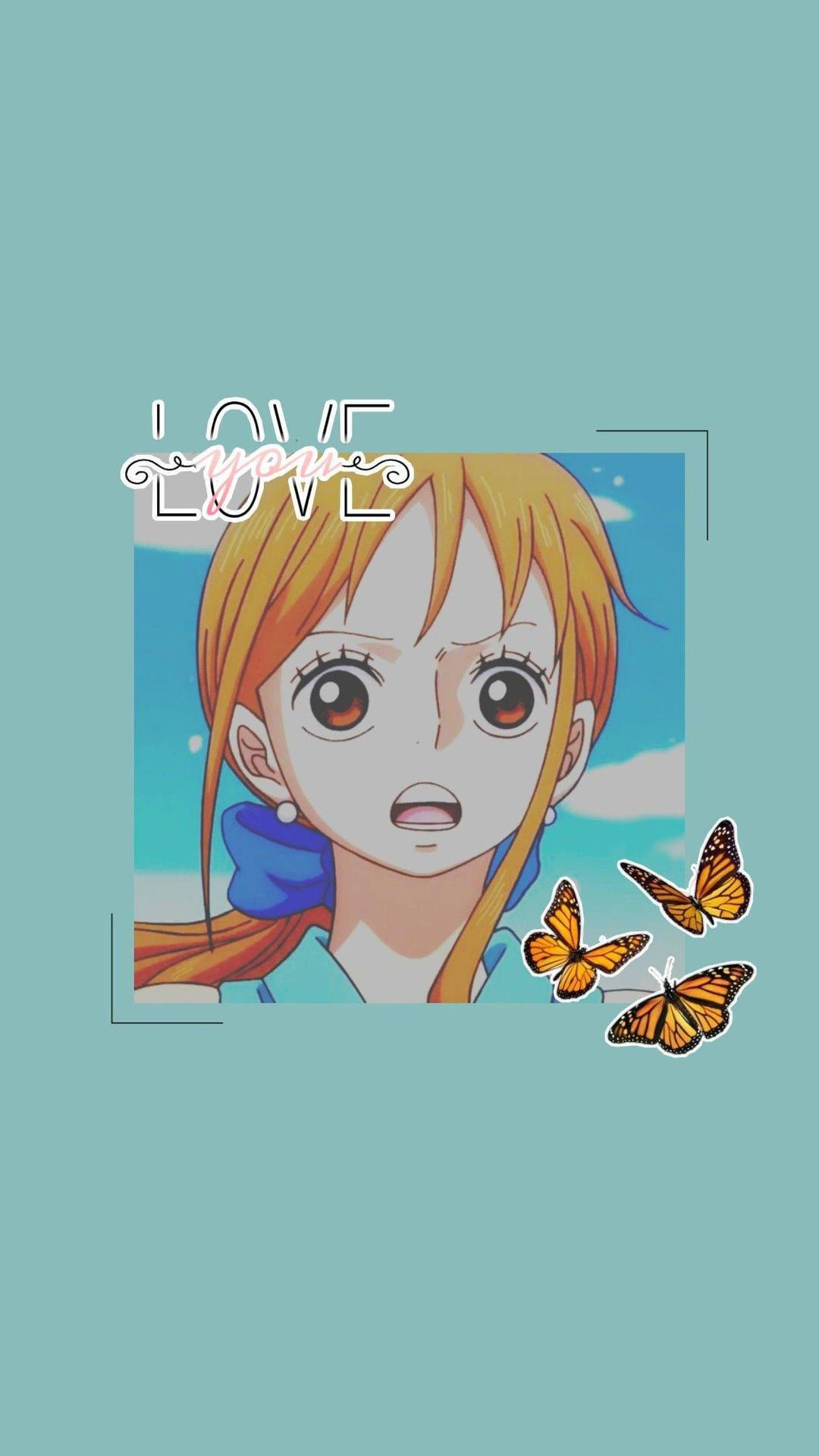 Profile 桌布 壁紙 — 橙色頭髮、大眼睛的動漫女孩，被蝴蝶和「LOVE you」文字環繞在青綠色背景上。