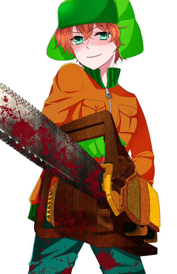 Kyle Broflovski 桌布 壁紙 — 橙色頭髮、戴綠色帽子的動漫角色，在白色背景前拿著沾血的鏈鋸。