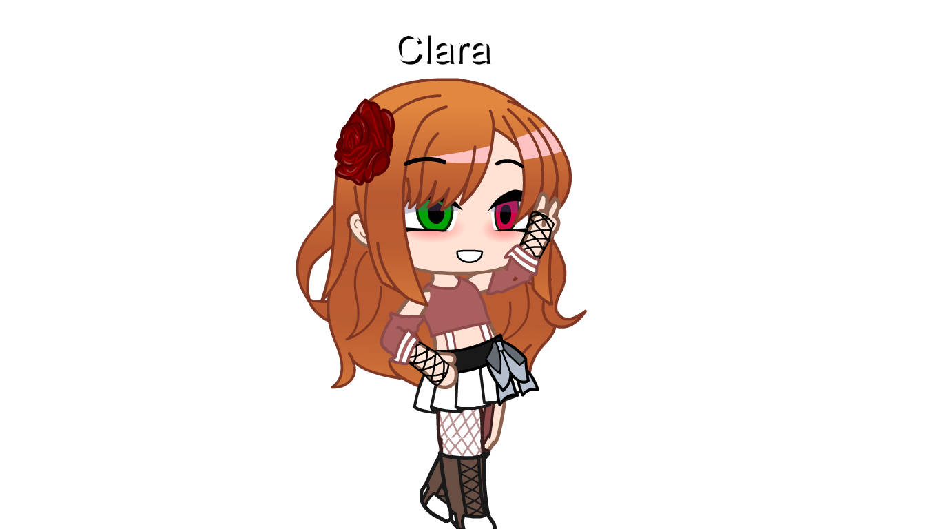 Clara Afton 桌布 壁紙 — 橙色頭髮、異色瞳的Q版動漫女孩在純白背景前開心地擺姿勢。
