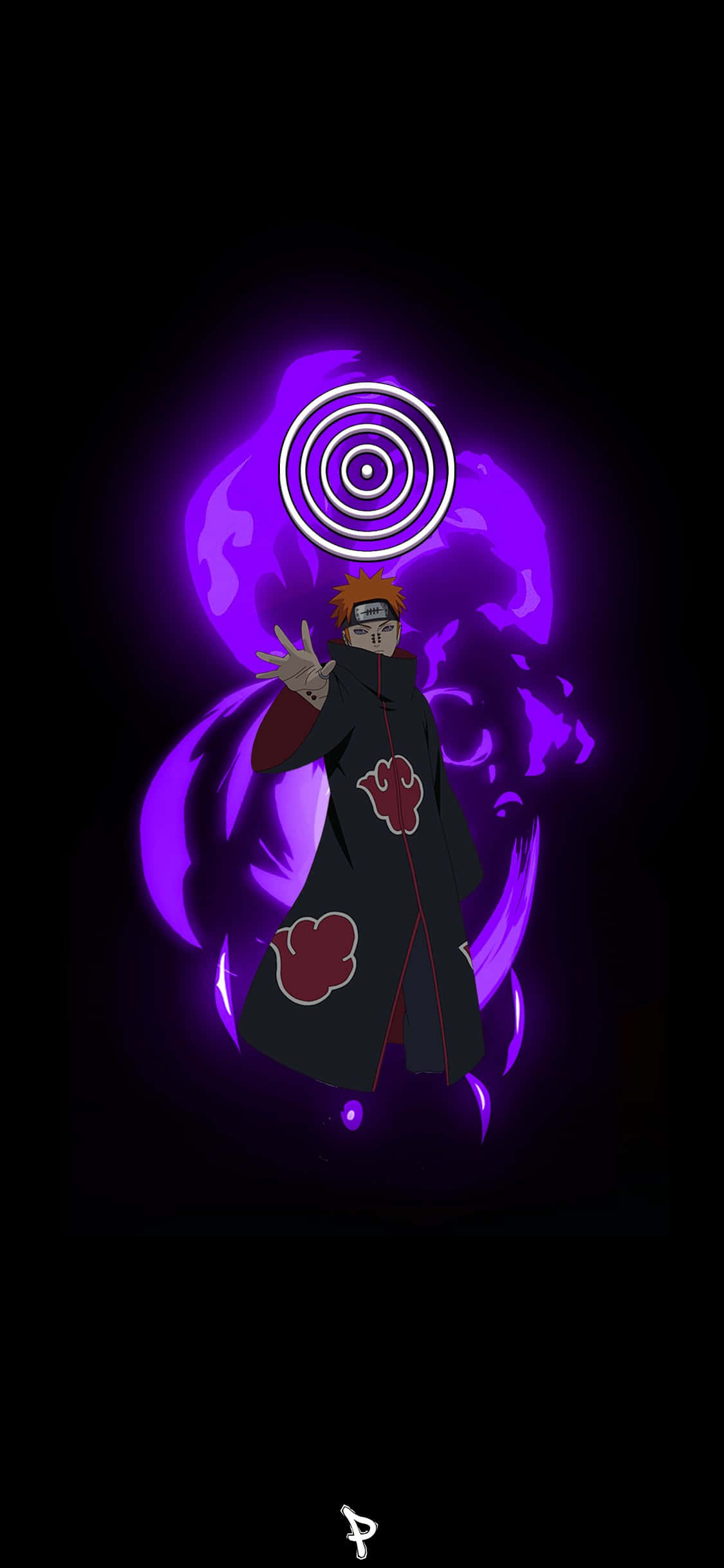 Rinnegan 桌布 壁紙 — 橙色頭髮、黑色斗篷的動漫角色，被發光的紫色查克拉包圍，頭頂有螺旋封印。
