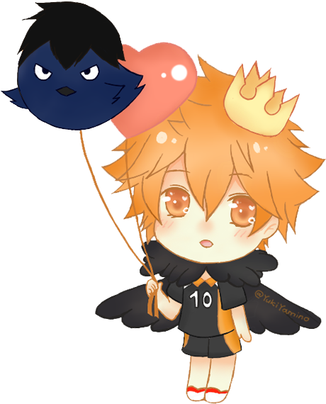 Haikyuu Team 桌布 壁紙 — 橙色頭髮、黑色翅膀的Q版動畫男孩，手持繩子連著藍色貓咪和粉紅色心形氣球。
