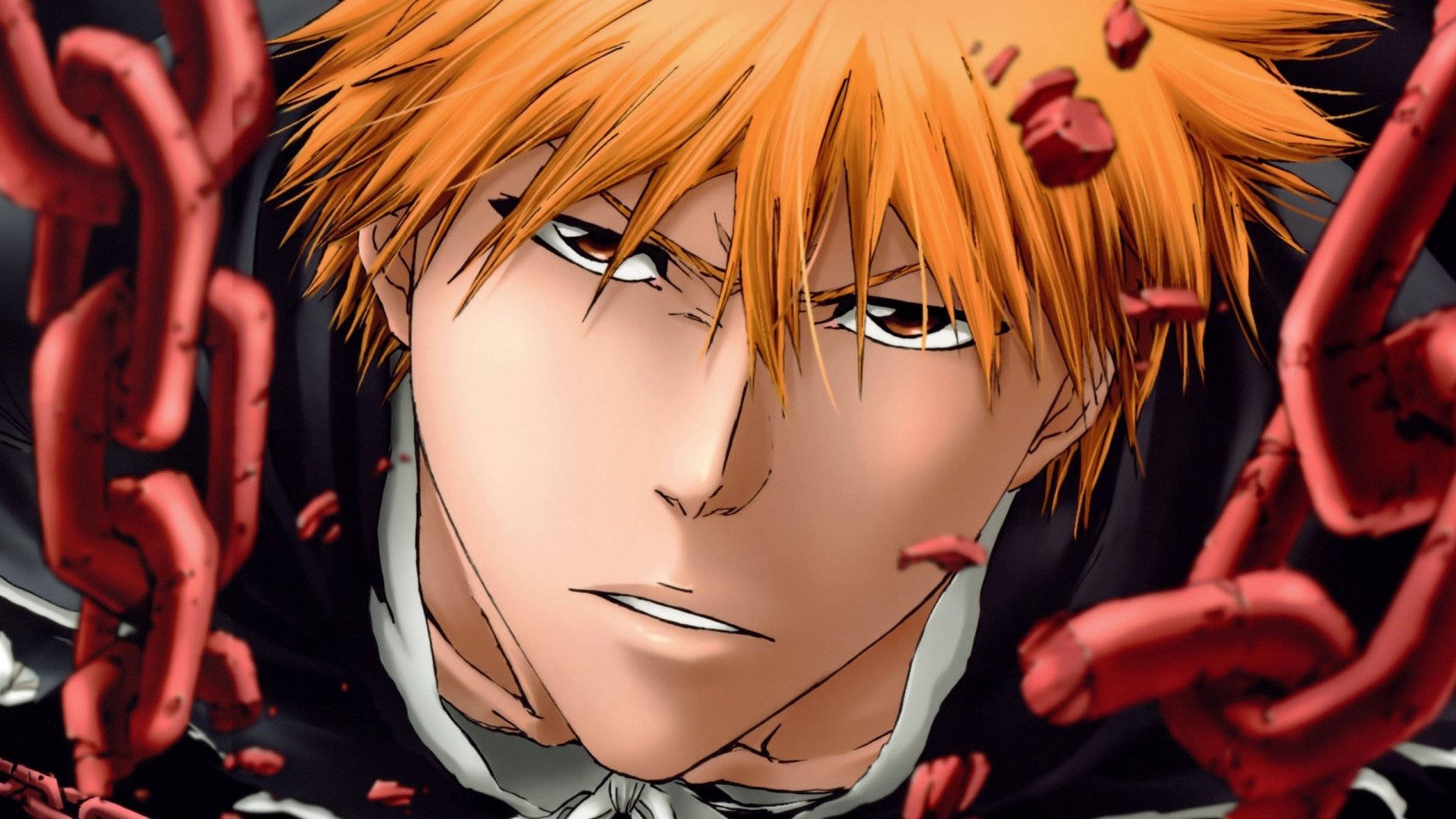 Ichigo Kurosaki 桌布 壁紙 — 橙色頭髮主角被紅色鎖鏈和碎片包圍的激烈動畫特寫。