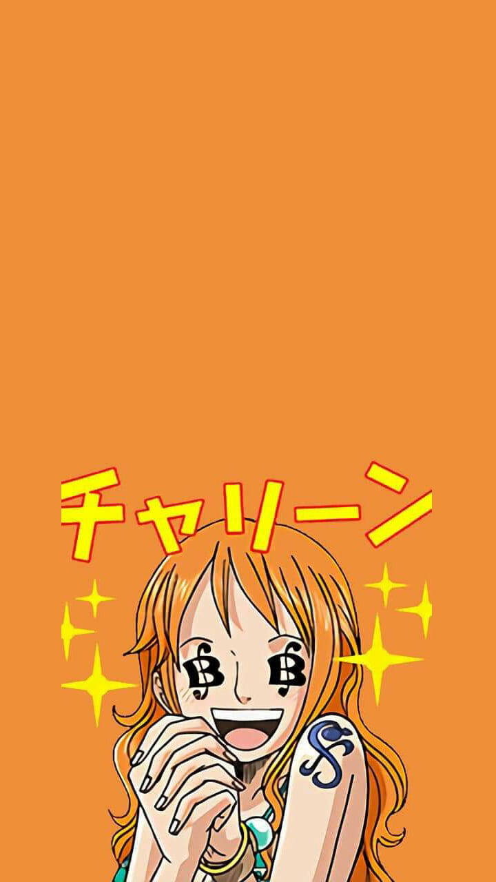 海盜 桌布 壁紙 — 橙色頭髮和B紋身的動漫女孩在帶有閃爍星星的純橙色背景上開心地咧嘴笑。