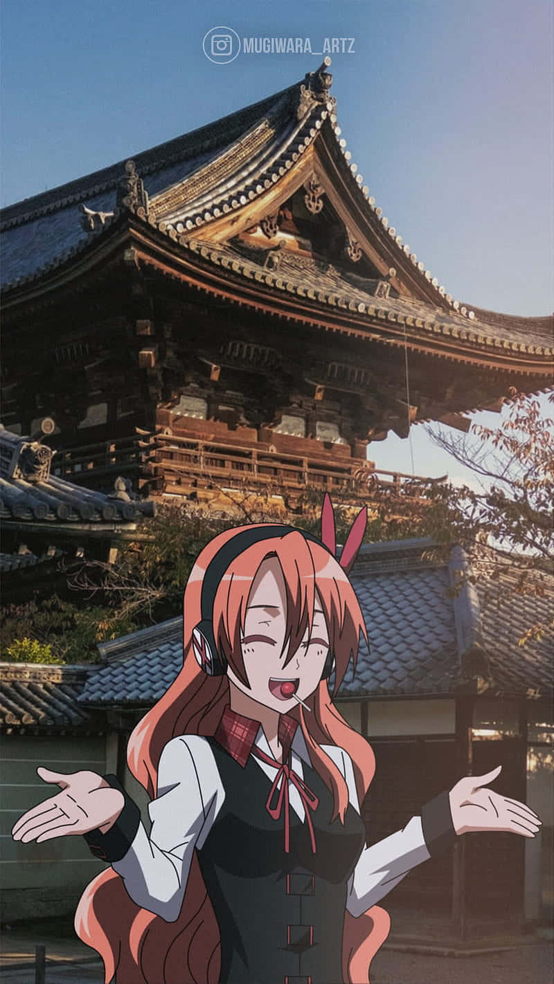 Animated 桌布 壁紙 — 橙色頭髮和兔耳的女孩愉快地站在傳統日本寺廟前，天空清澈湛藍。