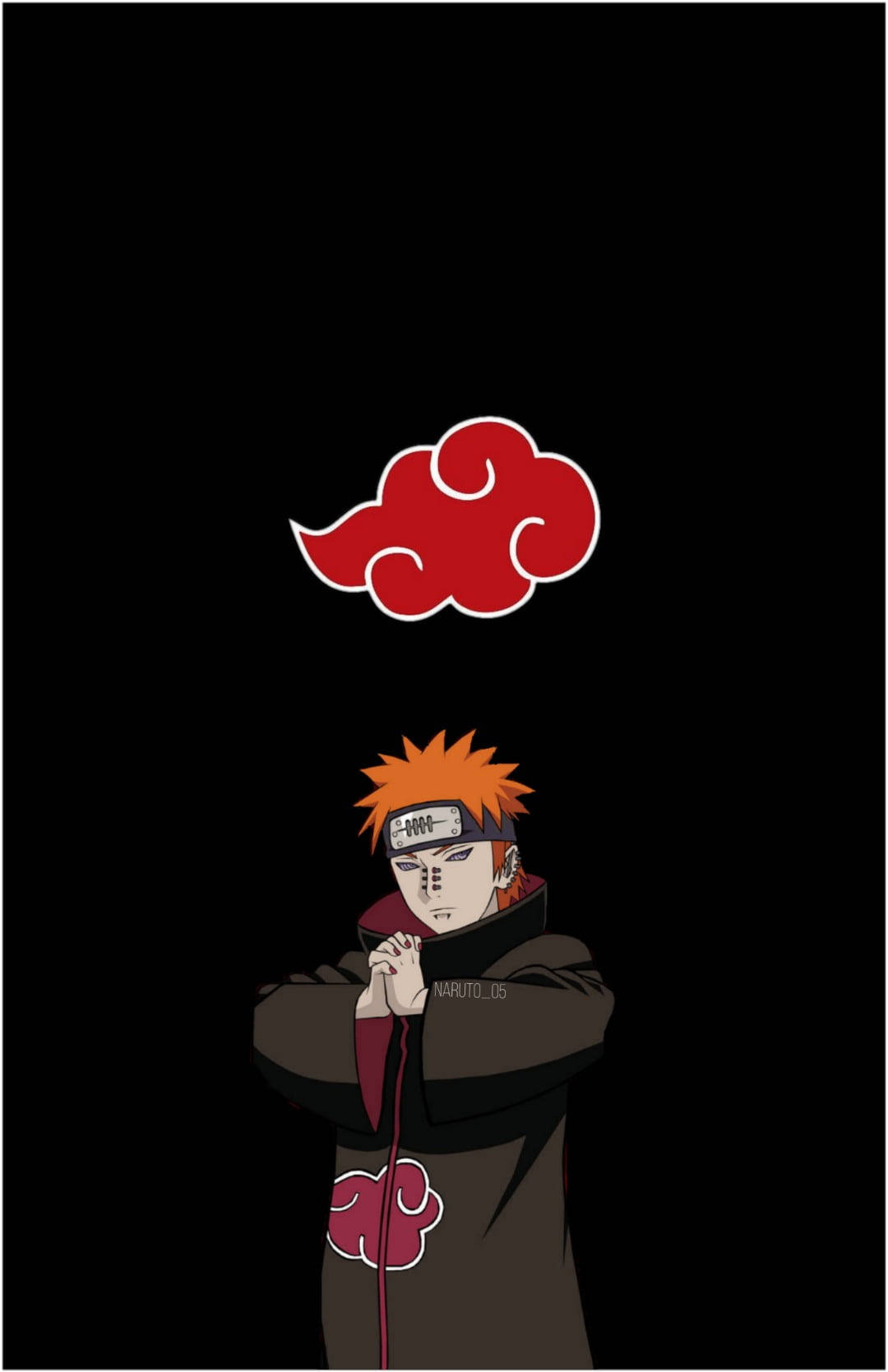 動漫 桌布 壁紙 — 橙色頭髮和紅色雲符號的動漫角色站在黑色背景前。